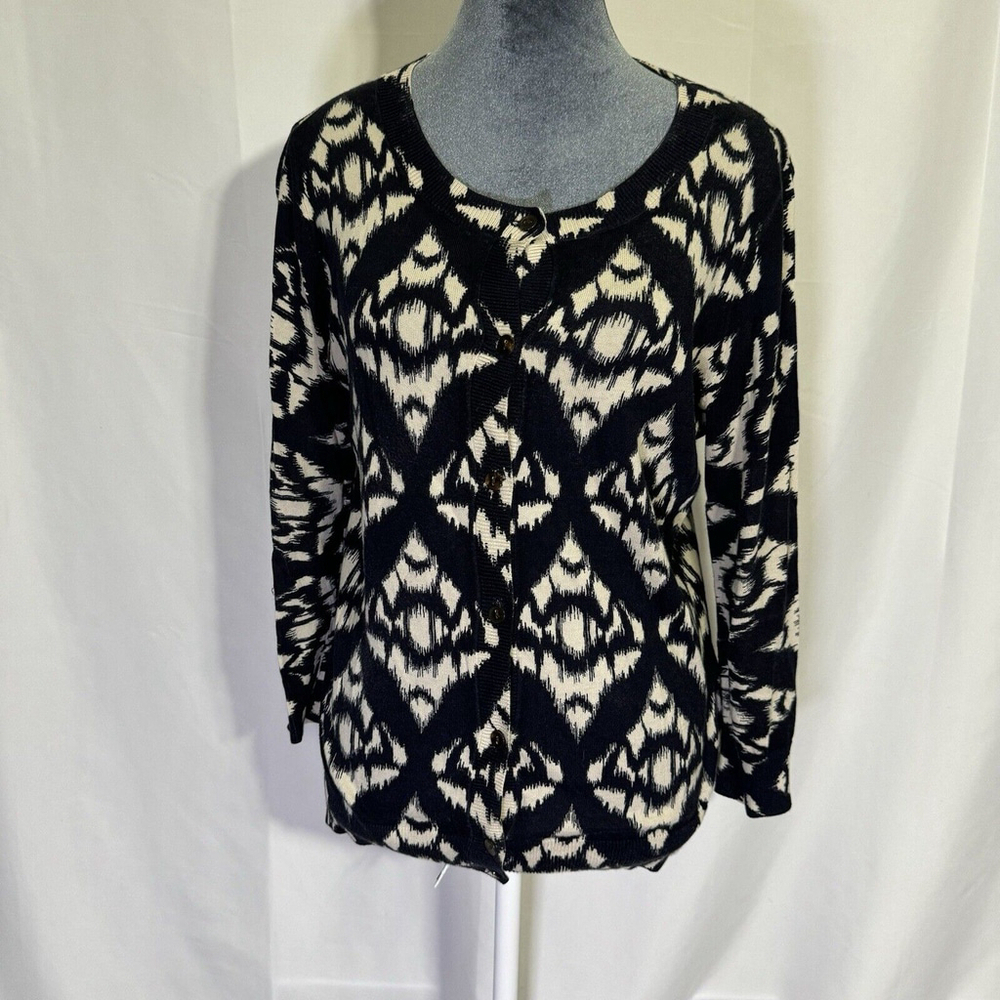 Talbots Cardigan Womens Sweater 3/4 Sleeve Black Beige Cotton Blend M Classic